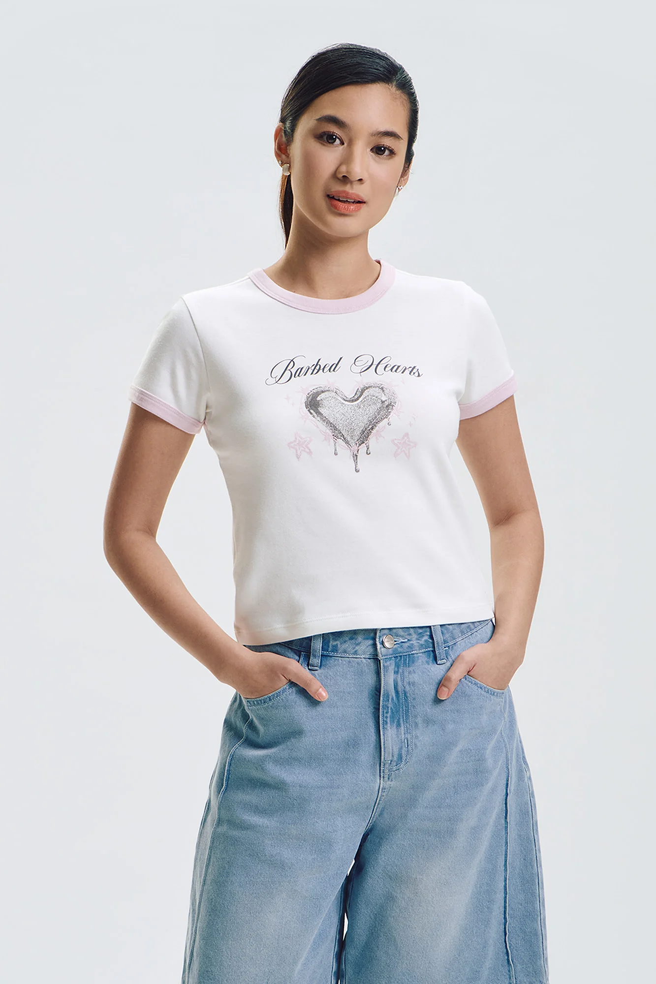 Barbed Hearts Ringer Slim Graphic T-Shirt