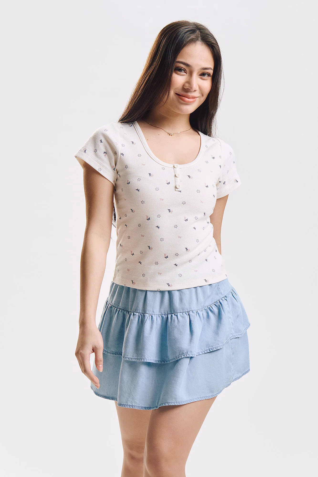Bow and Star All-Over Print Henley Slim Top
