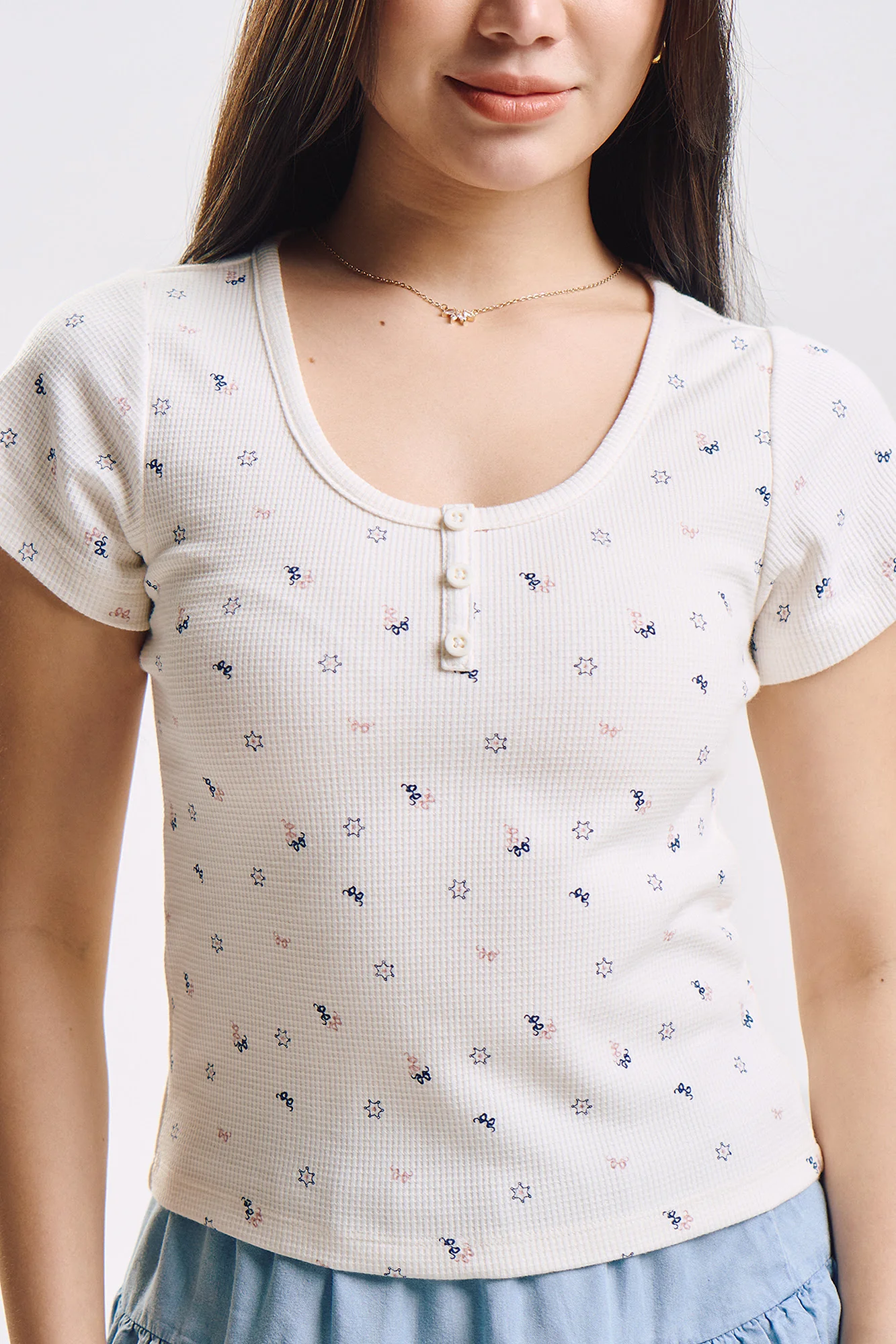 Bow and Star All-Over Print Henley Slim Top - Image 2