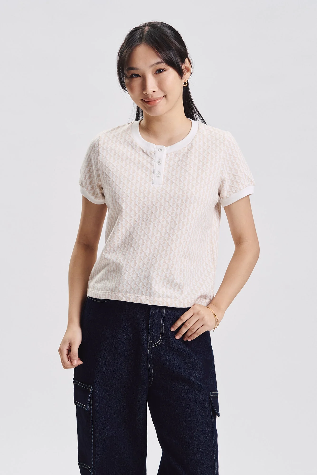 Hearts Print Henley Jacquard Top - Image 5