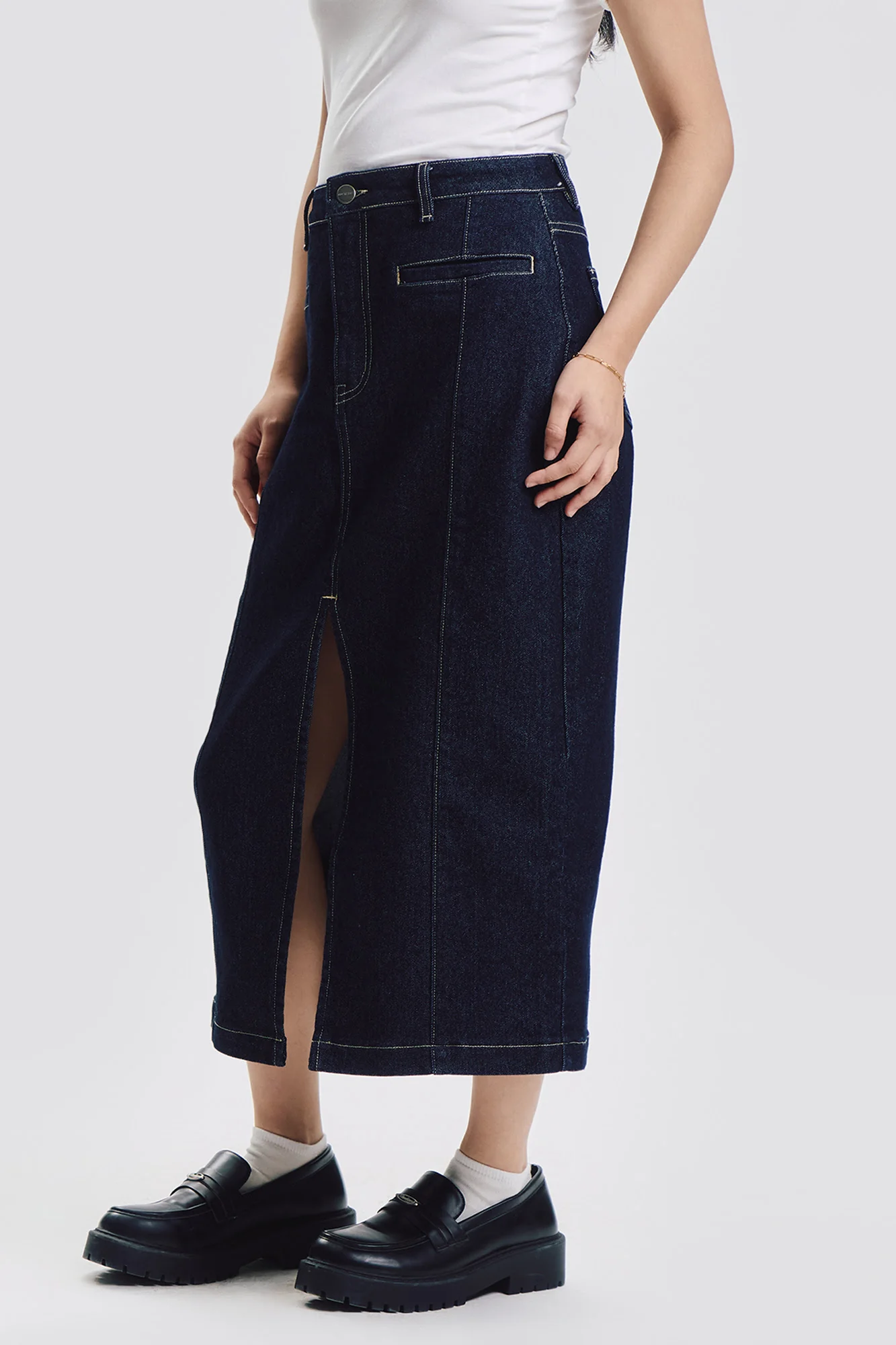 Midi Contrast Stitch Denim Skirt - Image 3