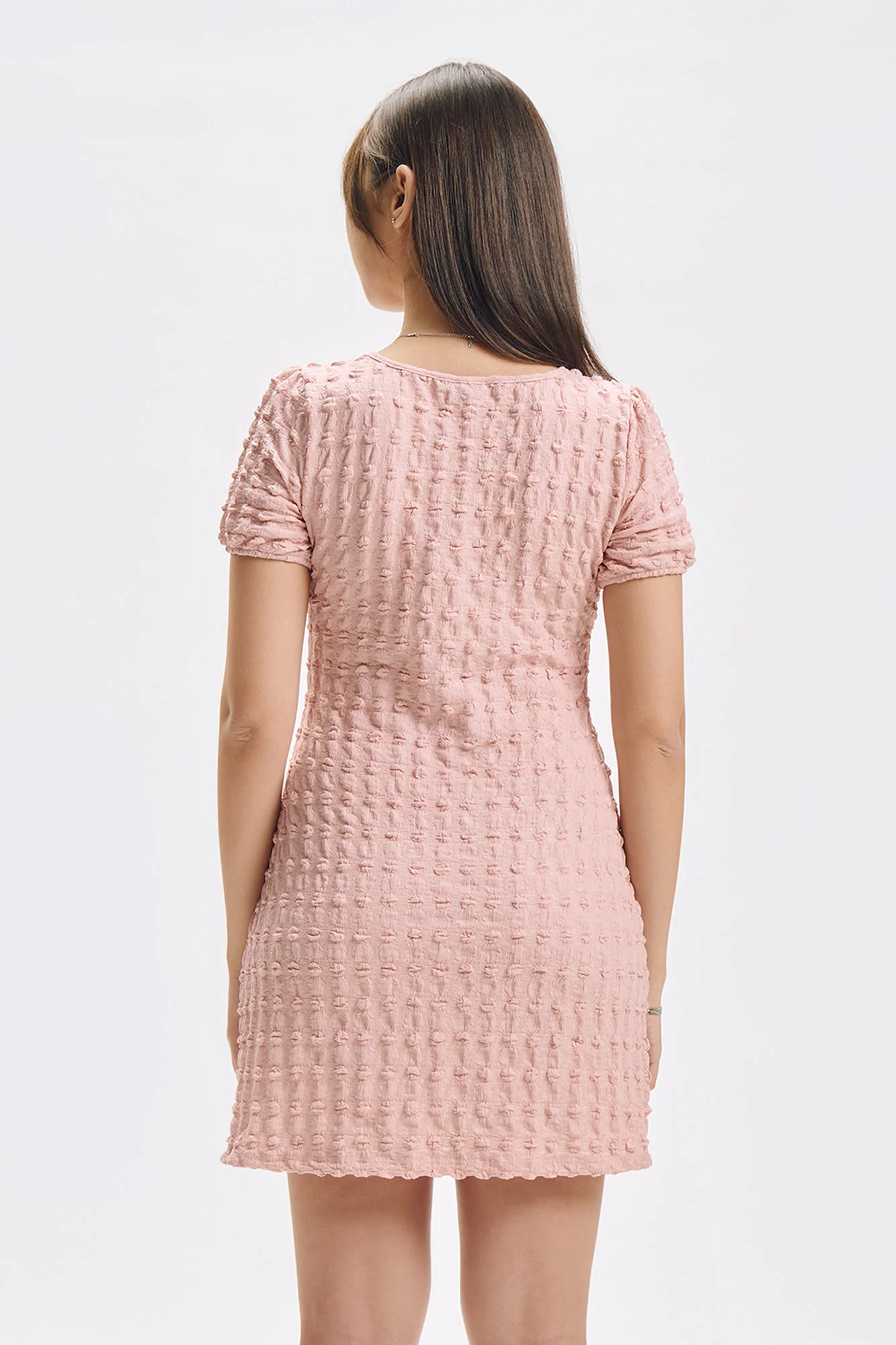 Puff Sleeve Textured Ruched Neckline Mini Dress - Image 3