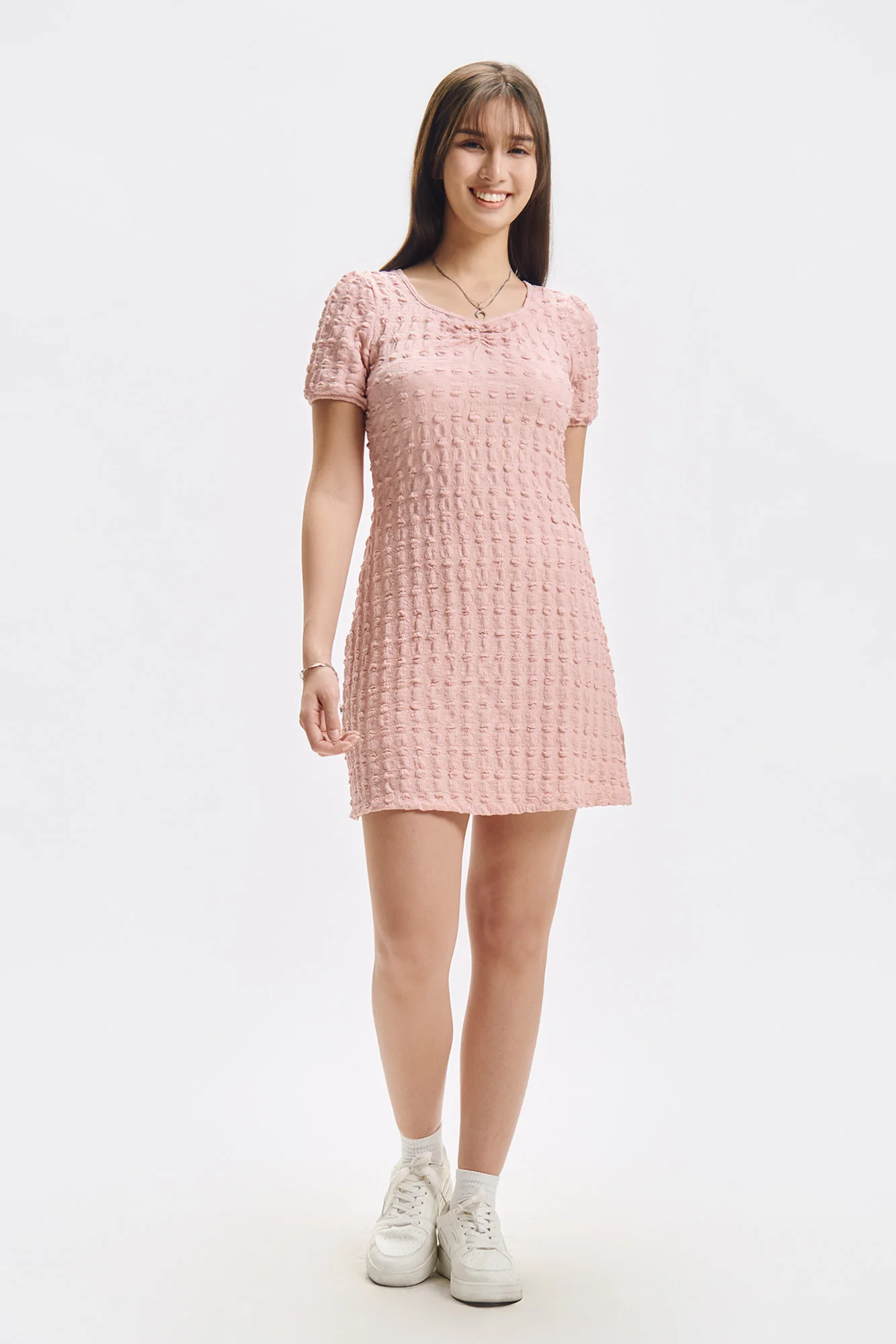 Puff Sleeve Textured Ruched Neckline Mini Dress - Image 4