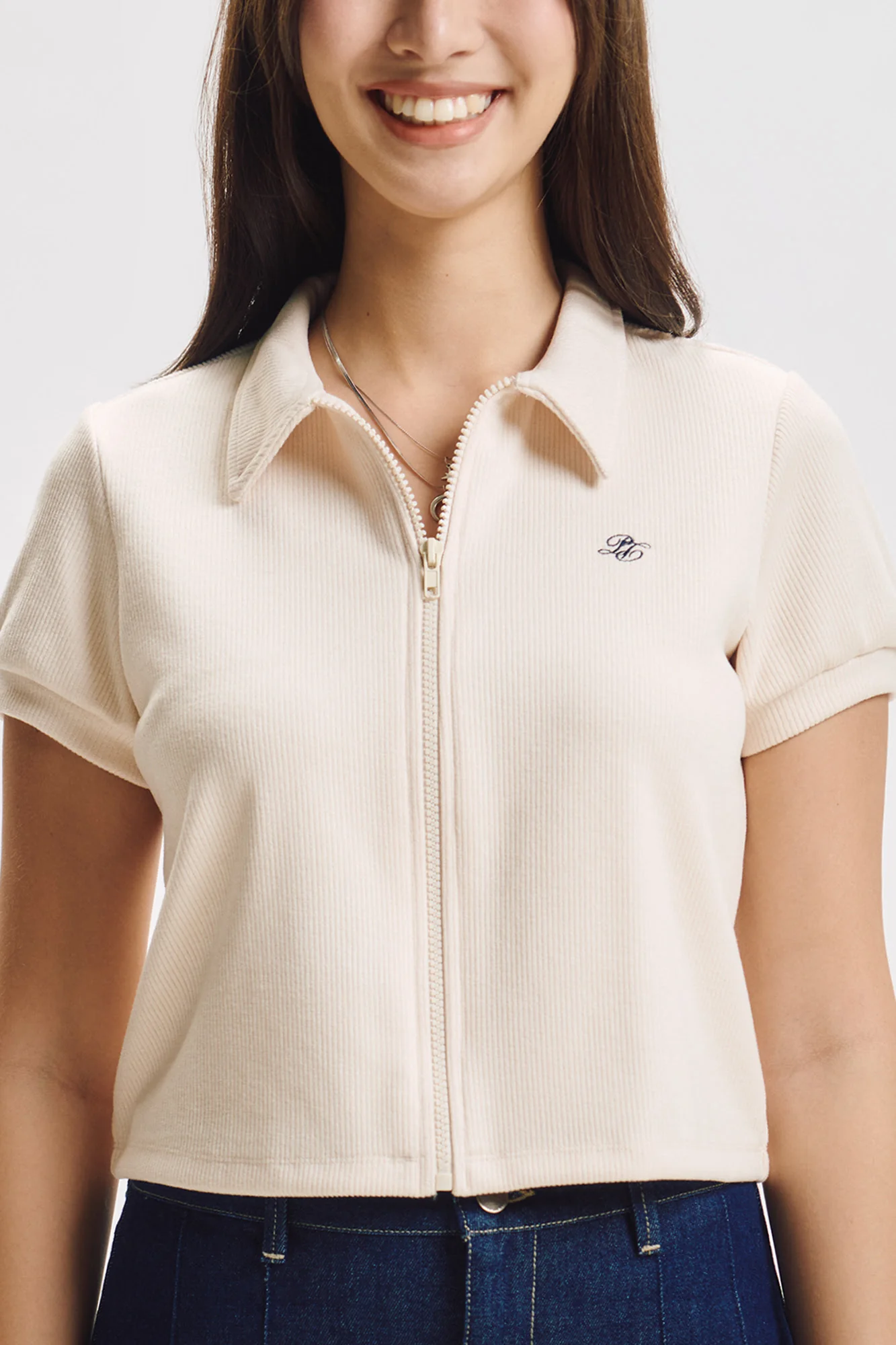 Puff Sleeve Zip Ribbed Knit Polo with Embroidery - Image 2