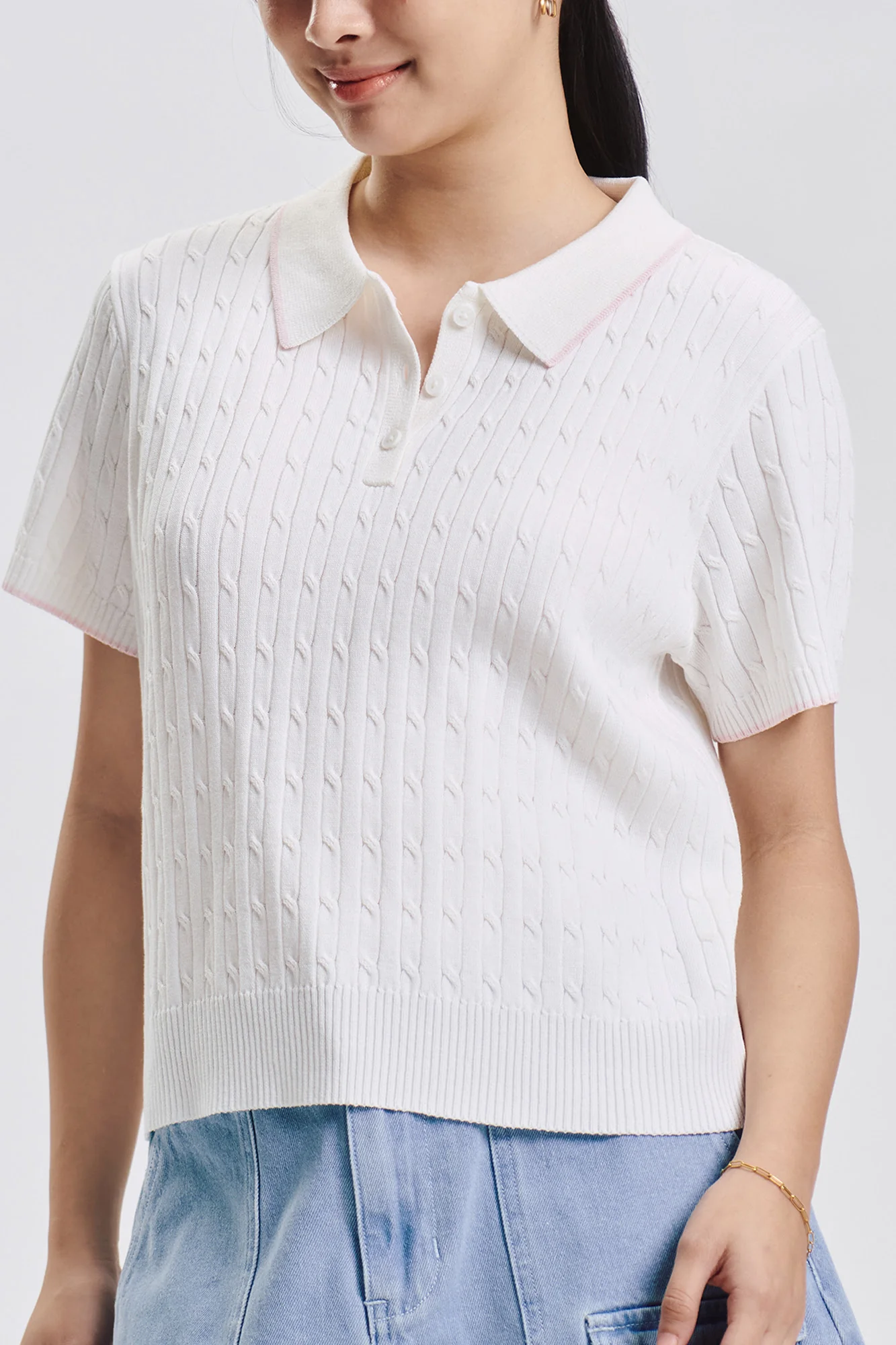 Relaxed Cable Knit Polo with Contrast Tipping - Image 2