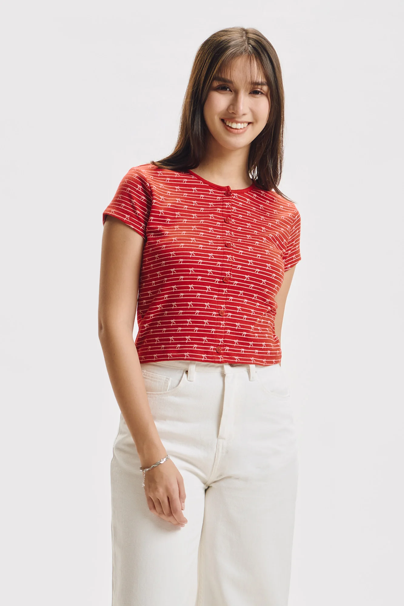 Ribbon All-Over Print Slim Button Down Top