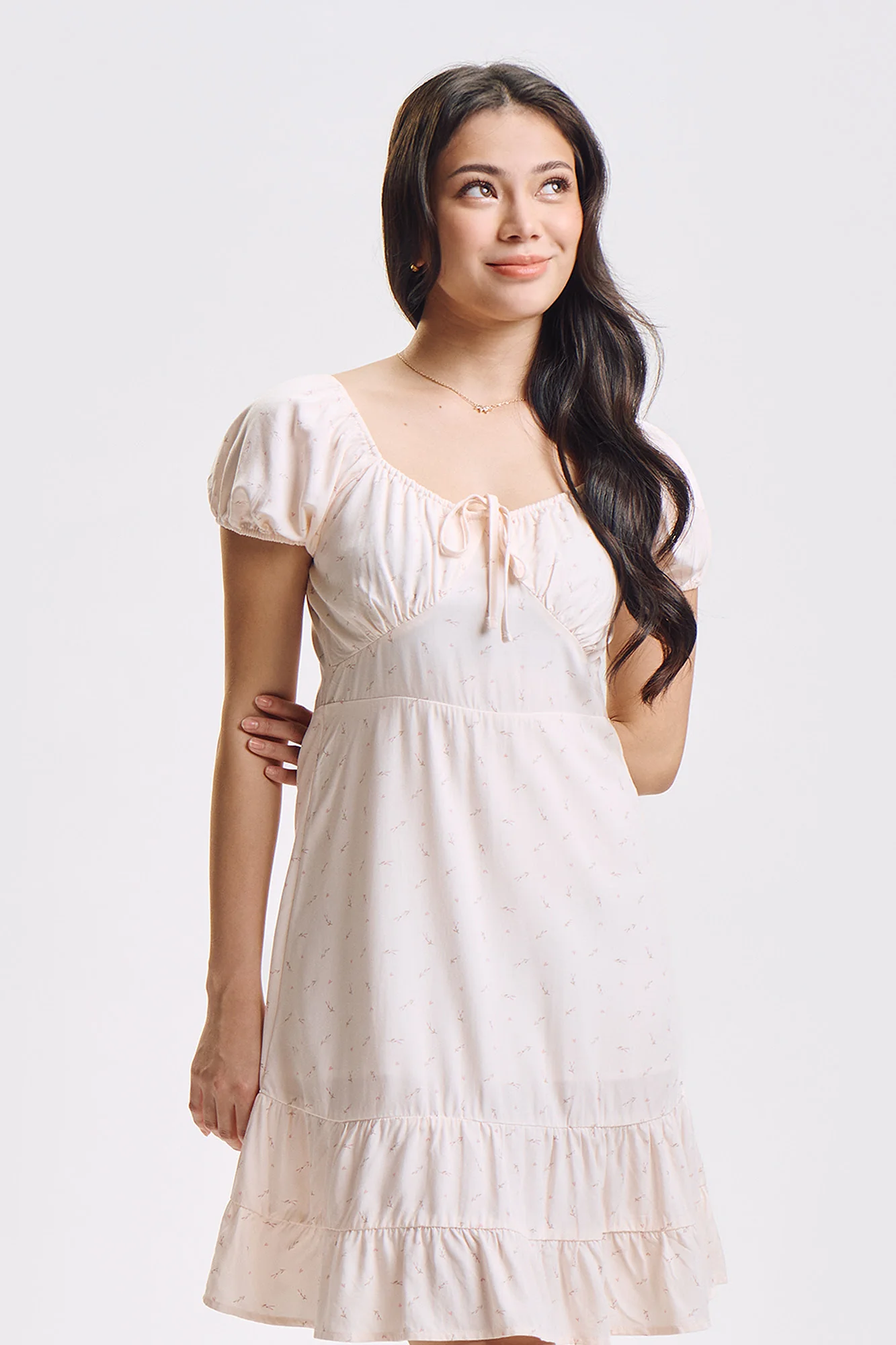 Short Sleeve Printed Milkmaid Dress with Ruffle Details