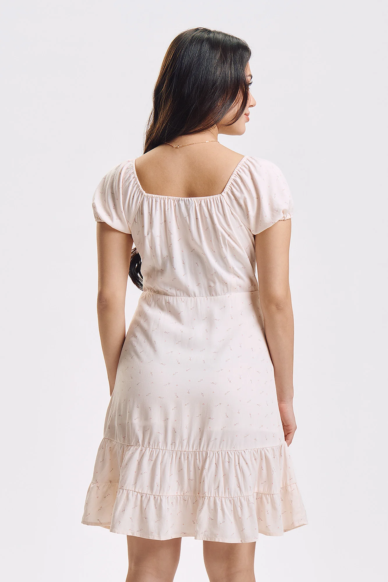 Short Sleeve Printed Milkmaid Dress with Ruffle Details - Image 3