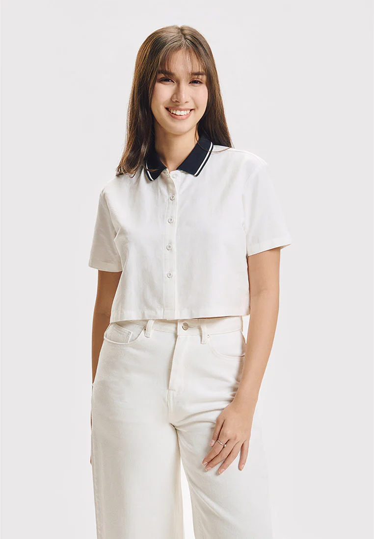Short Sleeve Ribbed Collar Button Down Top