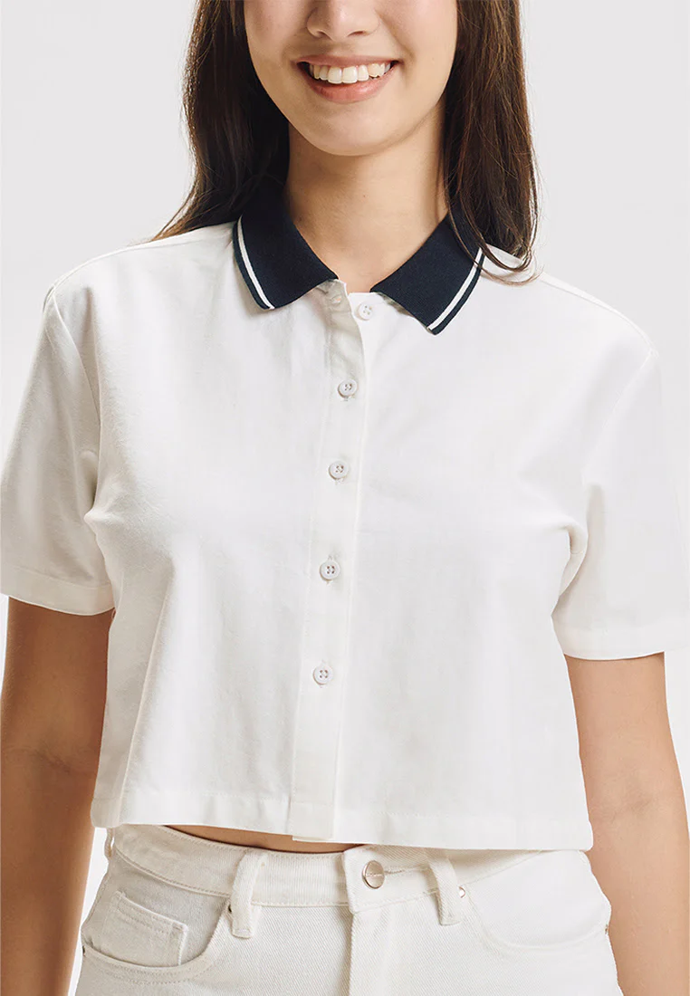 Short Sleeve Ribbed Collar Button Down Top - Image 2