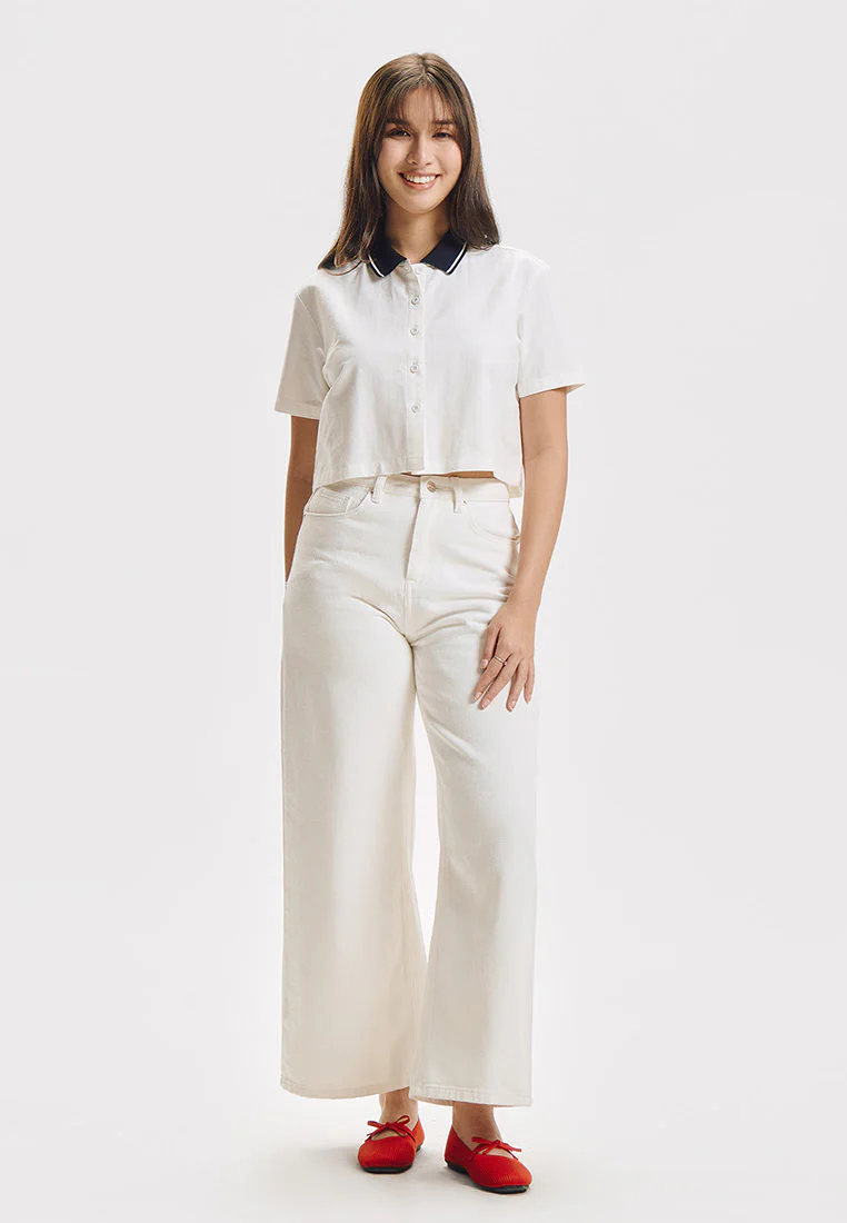 Short Sleeve Ribbed Collar Button Down Top - Image 4