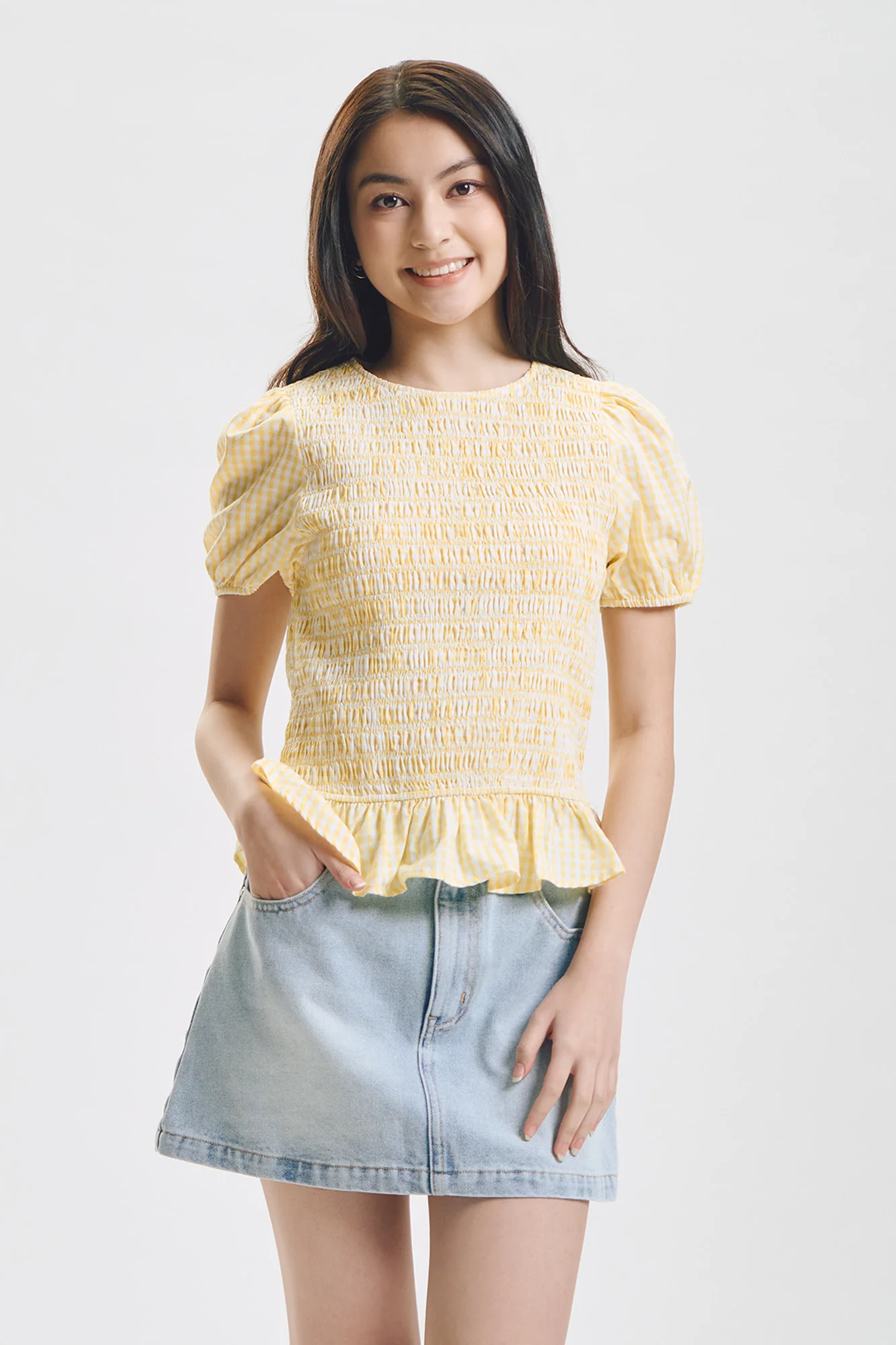 Short Sleeve Smocking Gingham Print Top