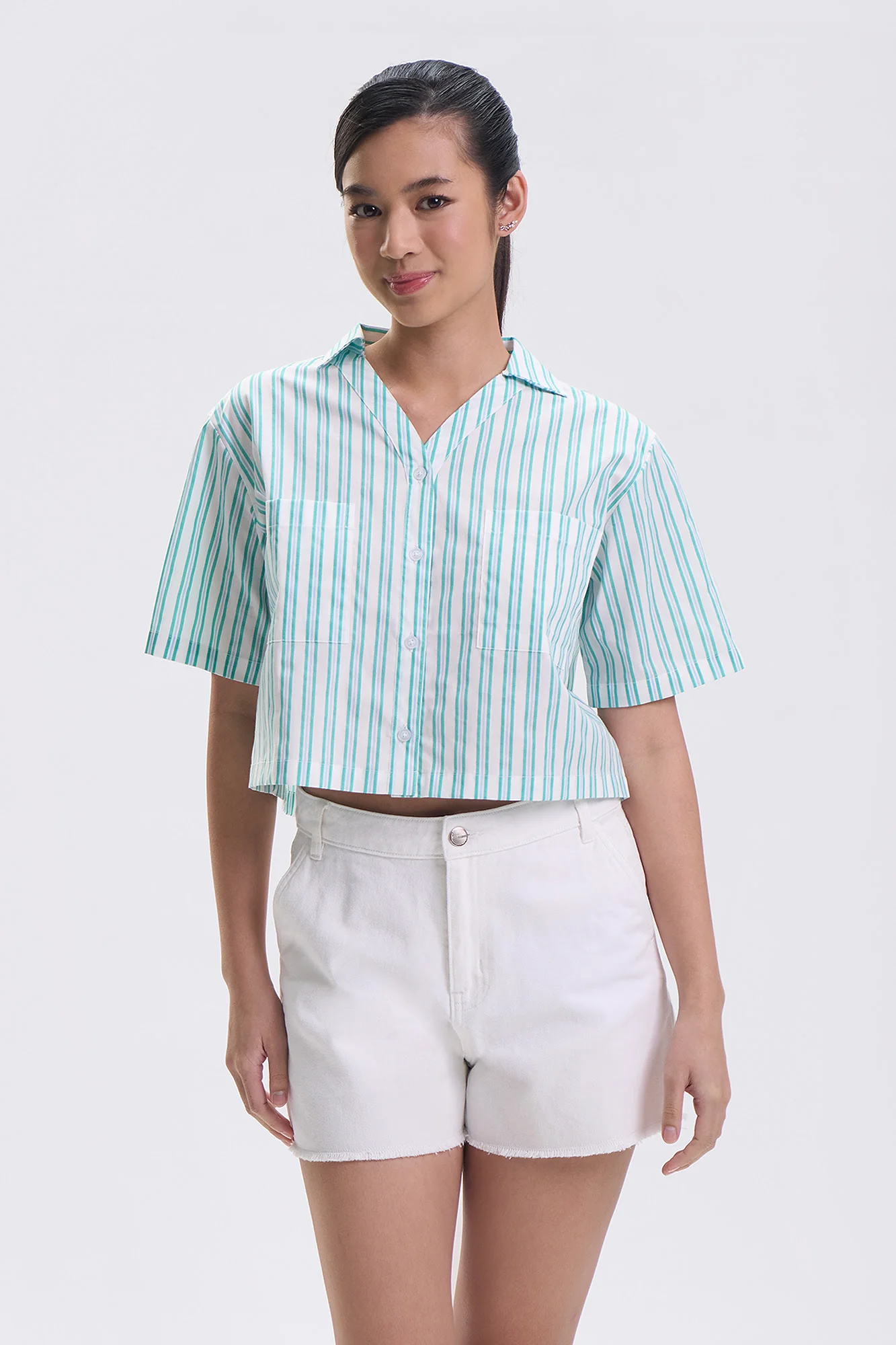Short Sleeve Striped Relaxed Button Down Top