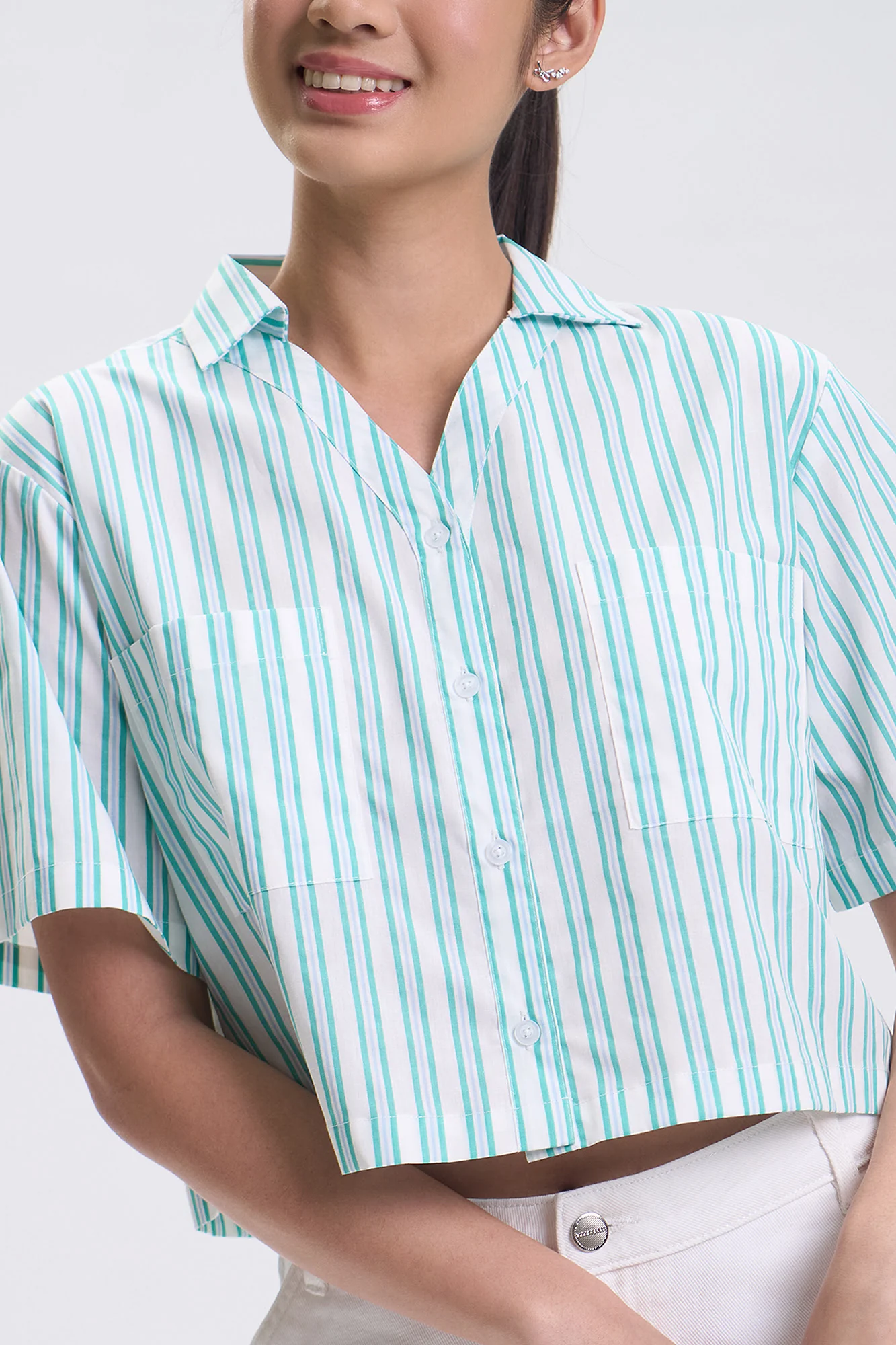 Short Sleeve Striped Relaxed Button Down Top - Image 2
