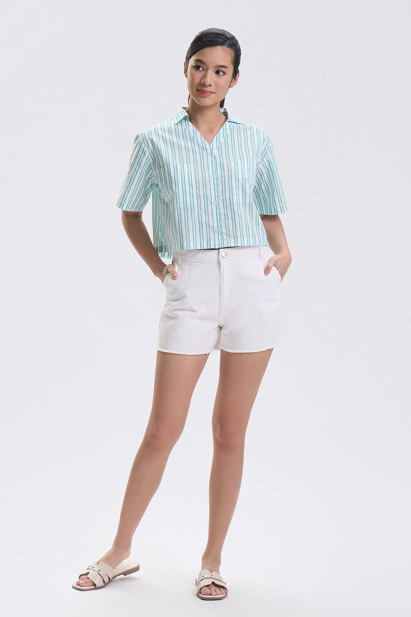 Short Sleeve Striped Relaxed Button Down Top - Image 4