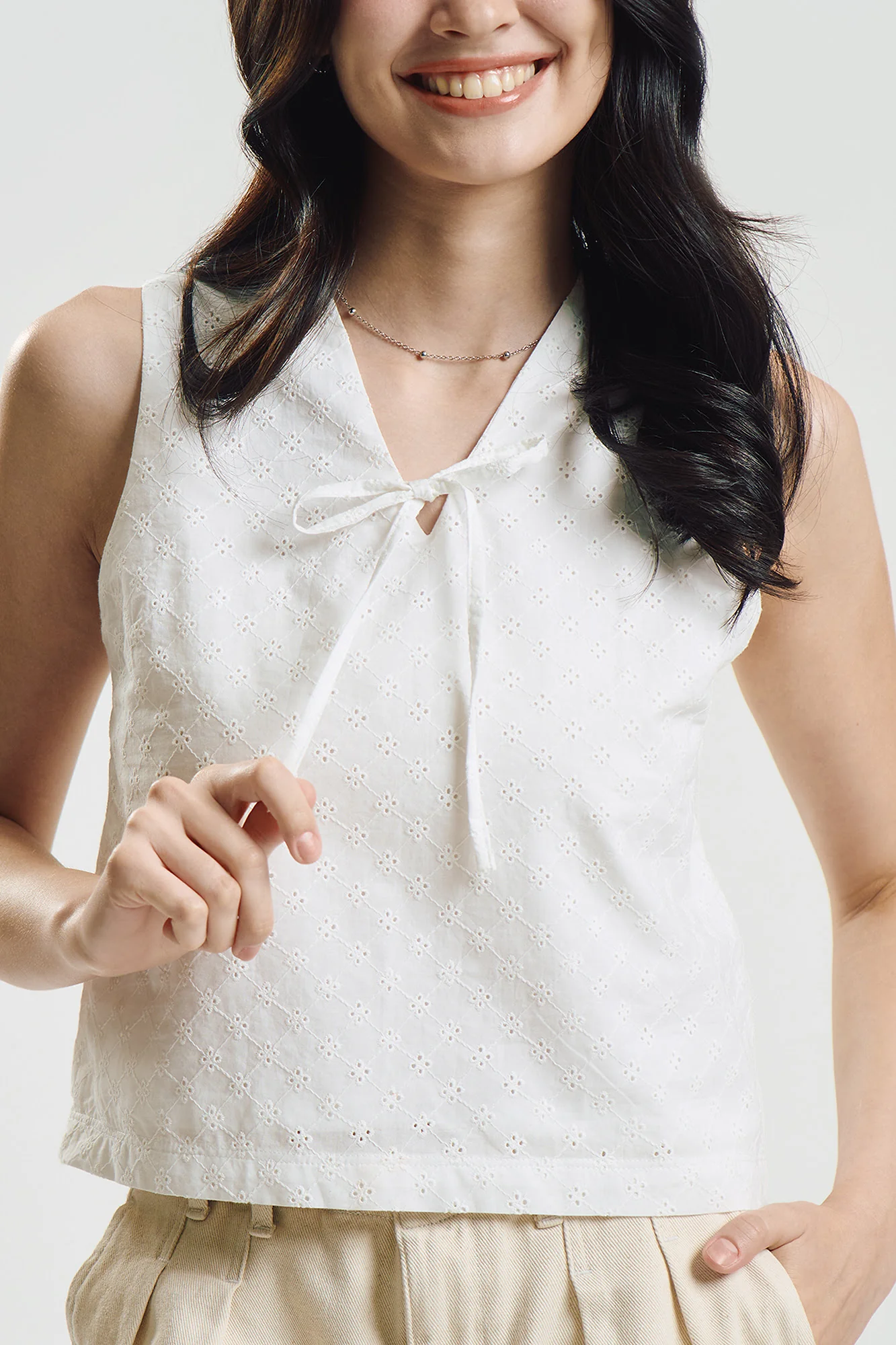 Sleeveless Eyelet Top with Tie Detail - Image 2