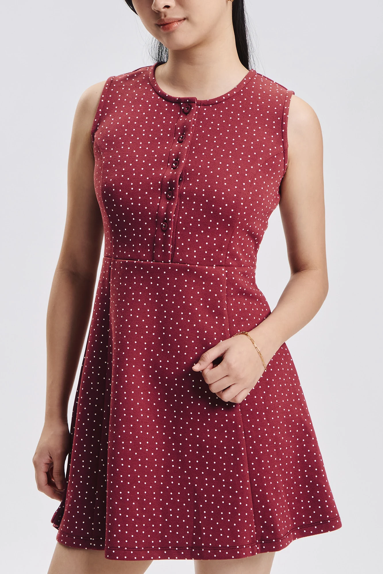 Sleeveless Polka Dot Button Front Mini Dress - Image 2
