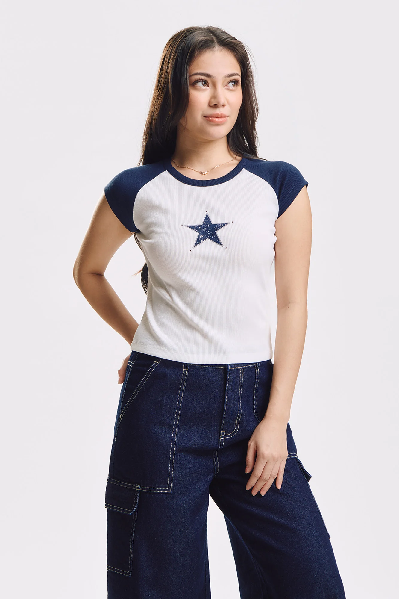 Slim Ribbed Knit Top with Star Patch