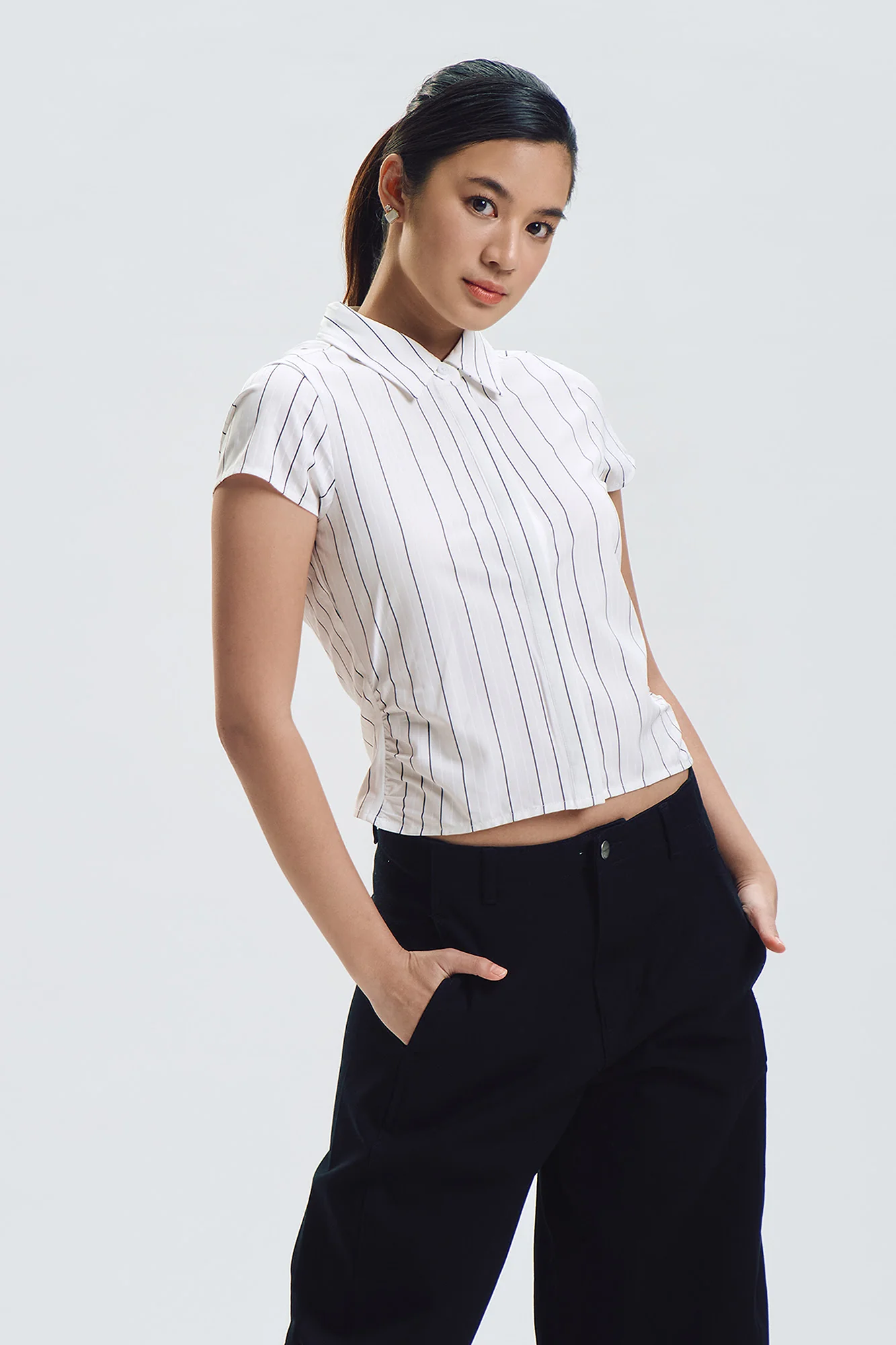 Slim Side Drawstring Button Down Shirt